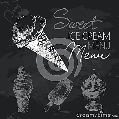 Ice cream hand drawn chalkboard design set. Black chalk texture Vector Illustration