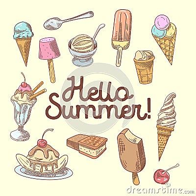 Ice Cream Hand Drawn Design with Fruits and Chocolate, Cones and Waffles. Hello Summer Vector Illustration