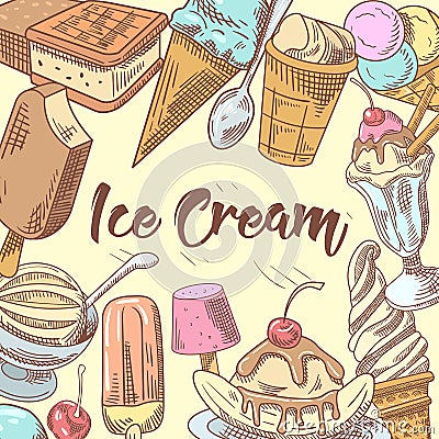 Ice Cream Hand Drawn Doodle with Fruits and Chocolate. Cones and Waffles Vector Illustration