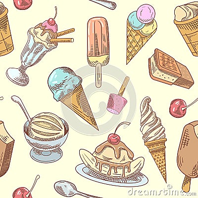 Ice Cream Hand Drawn Seamless Background with Cold Desserts, Fruits and Chocolate, Cones and Waffles Vector Illustration