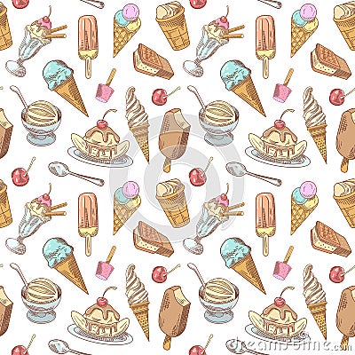 Ice Cream Hand Drawn Seamless Pattern with Cold Desserts, Fruits and Chocolate, Cones and Waffles Vector Illustration