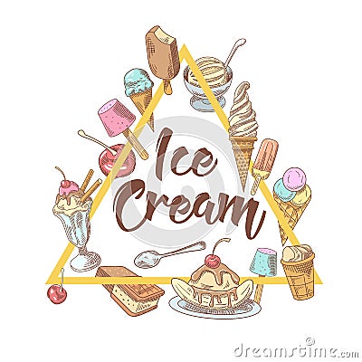 Ice Cream Hand Drawn Vintage Menu Design with Cold Desserts, Fruits and Chocolate, Cones and Waffles Vector Illustration