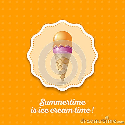 Ice cream icon. Two scoops pink and orange ice cream in a waffle cone on a yellow background. Vector Illustration