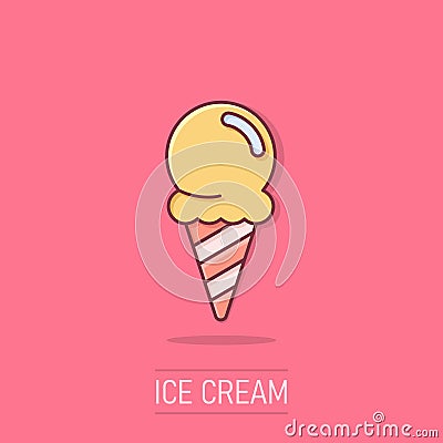 Ice cream icon in comic style. Sundae cartoon vector illustration on isolated background. Sorbet dessert splash effect business Vector Illustration