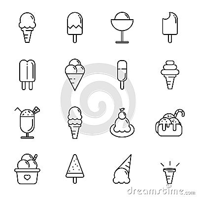 Ice cream icon set. Food and dessert concept. Thin line icon theme. Outline stroke symbol icons. White isolated background. Vector Illustration