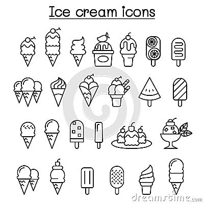 Ice cream icon set in thin line style Vector Illustration