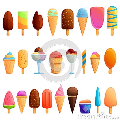 Ice cream icons set, cartoon style Vector Illustration