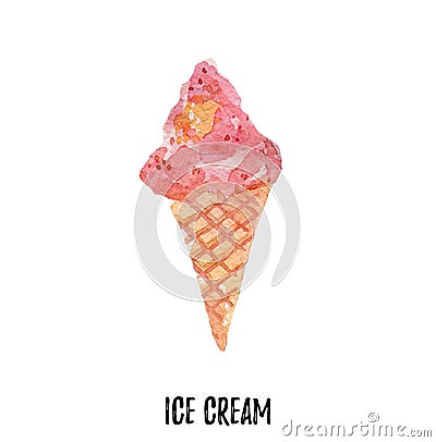 Ice cream illustration. Hand drawn watercolor on white background. Cartoon Illustration