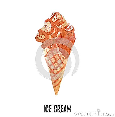 Ice cream illustration. Hand drawn watercolor on white background. Cartoon Illustration