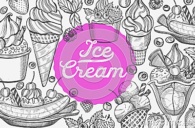 Ice cream illustration for restaurant on vintage background. Vector Illustration