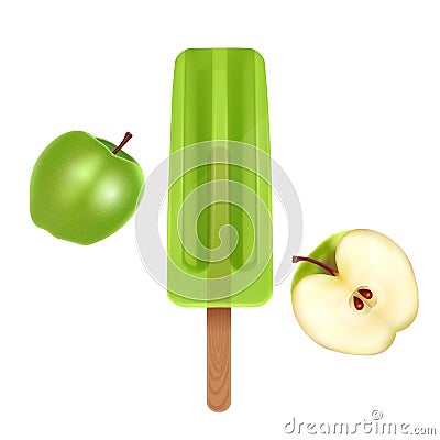 The Ice cream isolated on white background, the Green popsicle with Apple flavor, realistic 3d illustration, Vector EPS 10 Vector Illustration