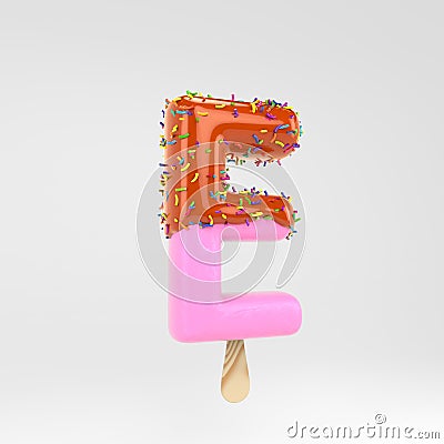Ice cream letter E uppercase. Pink fruit popsicle font with caramel and sprinkles isolated on white background Stock Photo