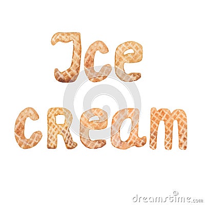 Ice Cream letters with waffle texture. Watercolor hand painted illustration. Cartoon Illustration