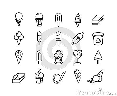 Ice cream line icons. Different types of frozen yoghurt parfait sorbet in form of ball in bucket on stick in cup. Vector Vector Illustration