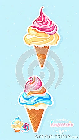 Ice cream logo collection. Waffle cone, icecream ball. Frozen dessert, gelato. Summer candy, icecream. Vanilla ice cream. Cold ice Stock Photo