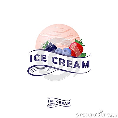 Ice cream logo. Letters on a ribbon and one scoop of ice cream with berries. Vector Illustration