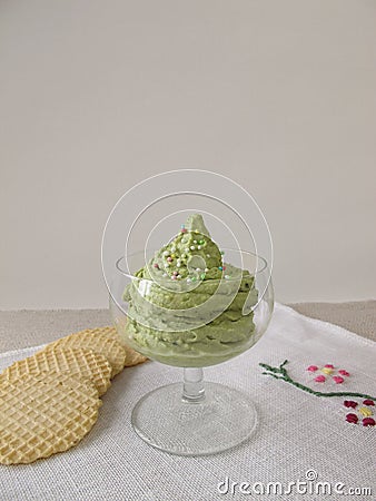 Ice cream with matcha tea and ice waffle Stock Photo