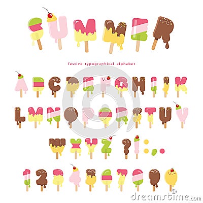 Ice cream melted font. Popsicle colorful letters and numbers can be used for summer design. on white. Vector Illustration