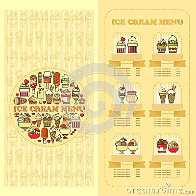 Ice cream Menu card. Set of cute desserts icons. Vector Illustration