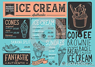 Ice cream menu restaurant, dessert food template. Vector Illustration