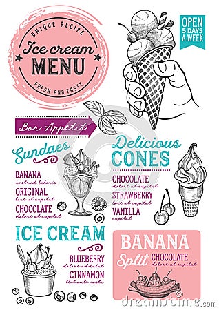 Ice cream menu restaurant, dessert food template. Vector Illustration