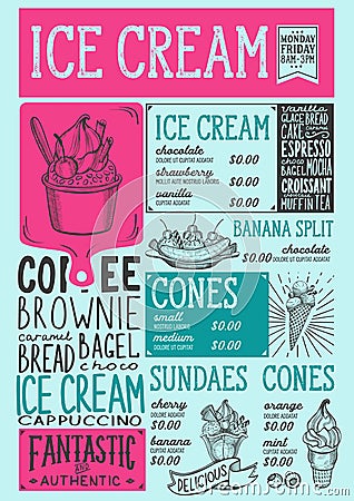 Ice cream menu restaurant, dessert food template. Vector Illustration