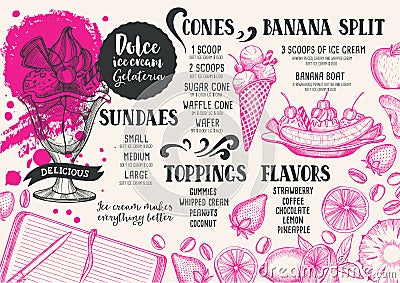 Ice cream menu template for restaurant and cafe. Vector Illustration