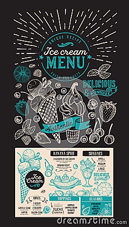 Ice cream menu. Vector dessert food flyer for restaurant. Design Vector Illustration