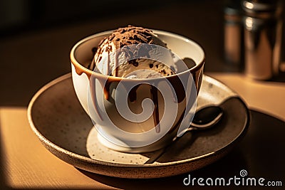 Ice cream on modern Italian plate in a luxurious restaurant on wooden background, food photography, generative AI Stock Photo