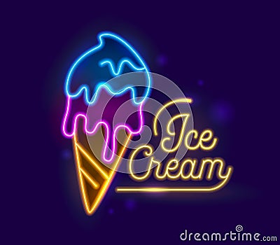 Ice Cream Neon Light Retro Banner Design. Icecream Dessert Night Illuminated Glowing Sign. Fruit Sundae in Cone Food Vector Illustration