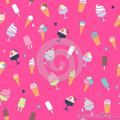 Ice cream pattern - pink background. Vector Illustration