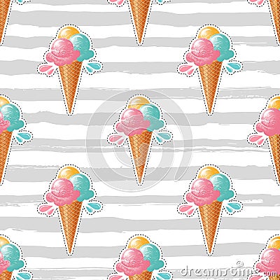 Ice cream pattern Trendy striped background. 80s pop art design, ice cream sticker or badge, white backdrop Vector Illustration