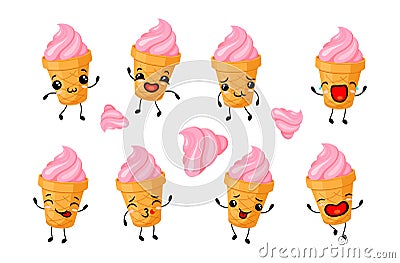 Ice cream pink funny character set vector illustration. Cute cartoon creamy waffle cone Vector Illustration