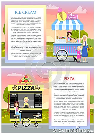 Ice Cream and Pizza Shops in Summer Park Banner Vector Illustration