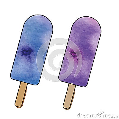 Ice cream popsicles in hand drawn watercolor and marker style. Vector Illustration