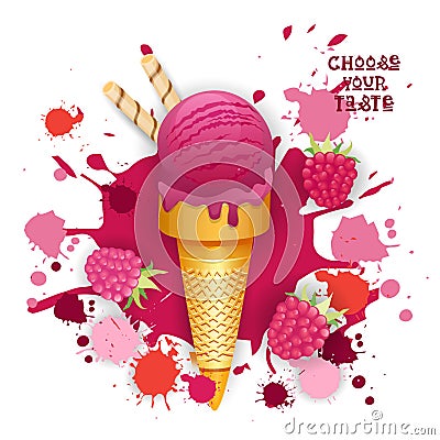 Ice Cream Raspberry Cone Colorful Dessert Icon Choose Your Taste Cafe Poster Vector Illustration