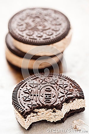 Ice cream sandwich Oreo - chocolate flavoured sandwich biscuits filled with vanilla flavour ice cream with crushed biscuit Editorial Stock Photo