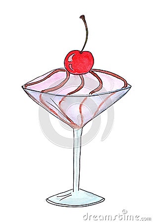 Ice cream scoop in a martini glass. Delicious dessert decorated with chockolate topping and cocktail cherry. Cartoon Illustration