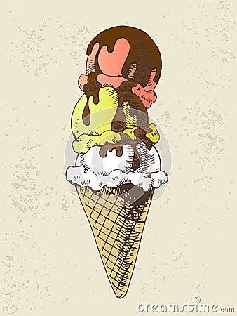 Ice cream scoops on cone with chocolate topping Vector Illustration