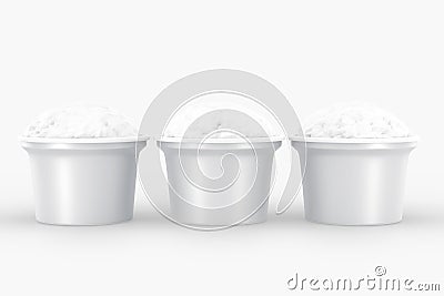 Ice cream scoops in cups. Realistic set of blank paper or plastic buckets, bowls with texture vanilla sundae, yogurt or Stock Photo