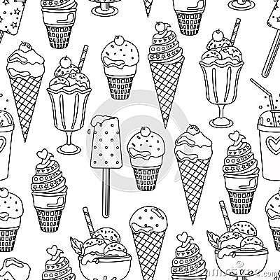 Ice cream seamless pattern. Coloring book for adults and children. Menu design. Vector background Vector Illustration