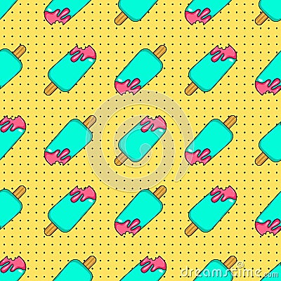 Ice-cream seamless on yellow dotted background . Sweet Street wear seamless texture. SWAG style, design. Print fabric Vector Illustration