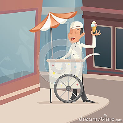 Ice Cream Seller Happy Smiling with Cart Retro Vintage Cartoon Character Icon on Street Background Retro Cartoon Design Vector Illustration