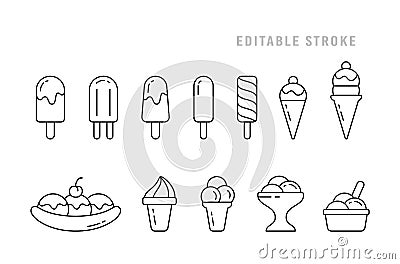 Ice cream set. Linear icon of different types. Eskimo pie, popsicle, waffle cone, ice lolly, banana split, twister, bowl. Black Vector Illustration