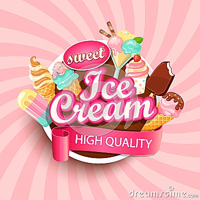 Ice cream shop logo, label or emblem. Vector Illustration