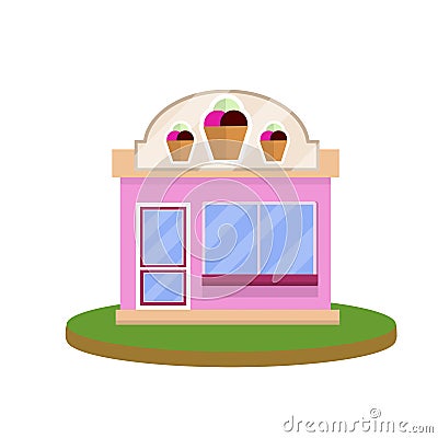 Ice cream shop with sign. Sweet dessert. Little business. building store and coffee. Urban landscape Vector Illustration