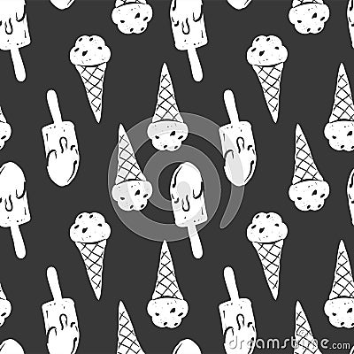 Ice cream simple sketh drawn by hand seamless pattern in cartoon style with cone, eskimo. For wallpapers, web background Vector Illustration