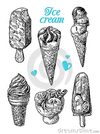 Ice cream sketch style vector illustration. Hand drawn image. Vector Illustration