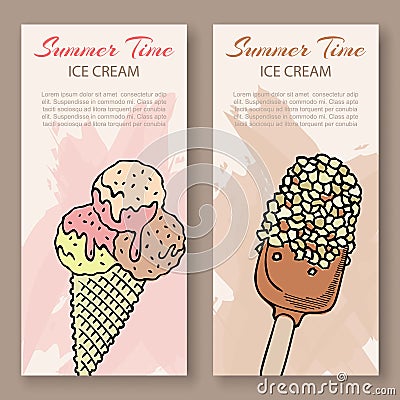 Ice cream sketch vector vertical banners set. Hand drawn and colored summer icecream illustration. Ice cream scoops in Vector Illustration