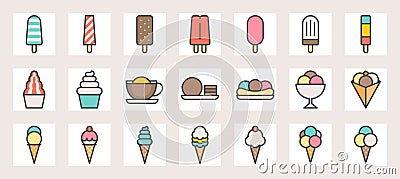 Ice cream, soft serve,ice shave, scoop in crape and popsicle filled color line icons Vector Illustration